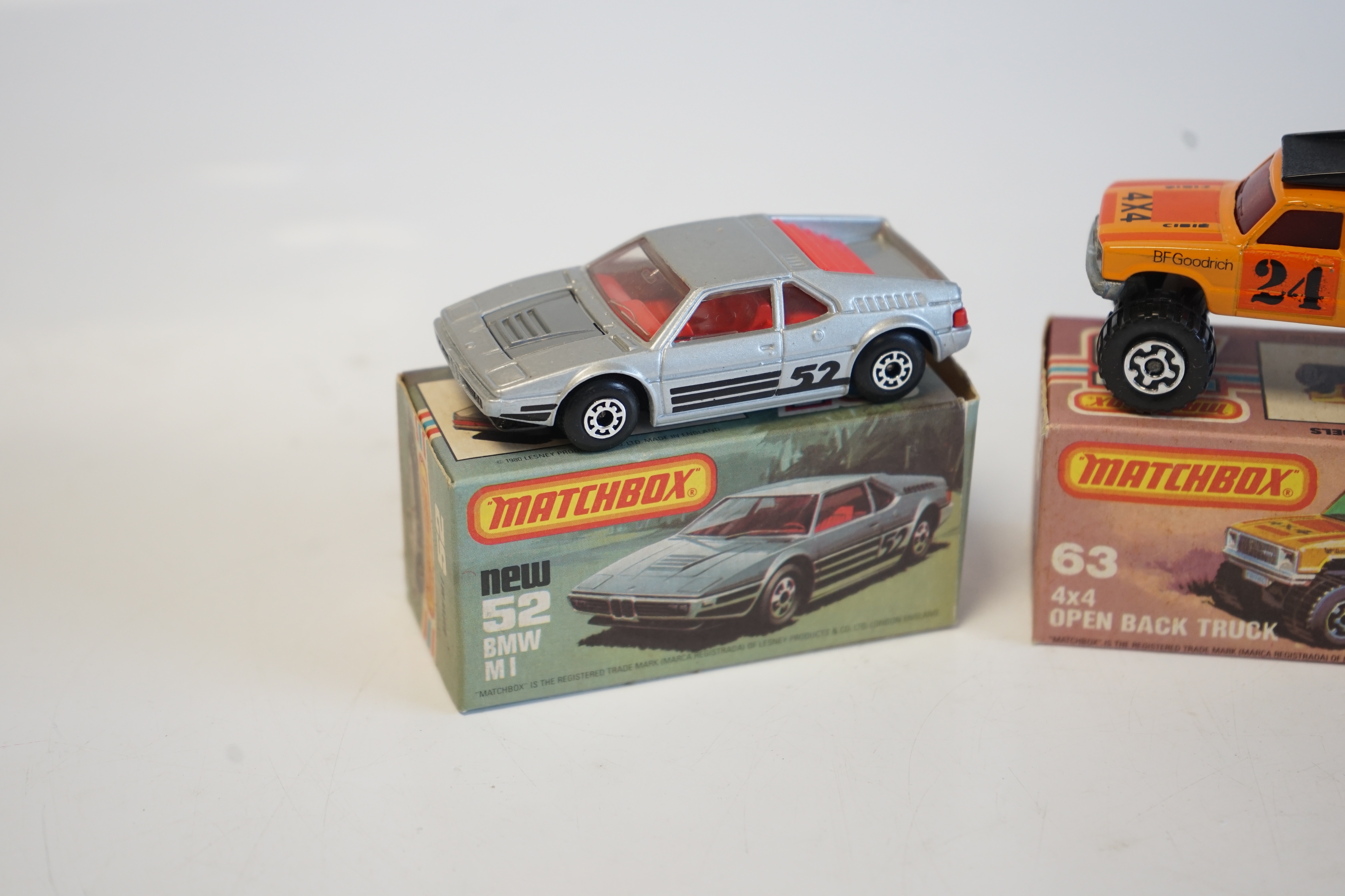 Eighteen boxed Matchbox Series 1-75 diecast vehicles including; 1; Dodge Challenger and another, 9; Ford RS 2000 and another, 10; Plymouth Police Car and another, 14; Petrol Tanker and another, 26; Site Dumper, 28; Formu